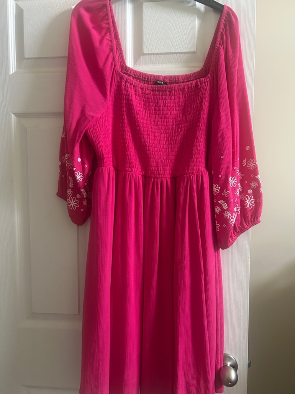 Fuchsia Smocked Midi Dress with Embroidered Puff Sleeves